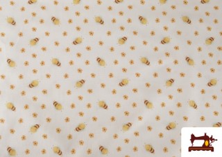 Tissu en Coton Dessins Enfantins Motif Abeilles et Fleurs
