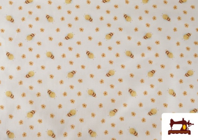 Tissu en Coton Dessins Enfantins Motif Abeilles et Fleurs