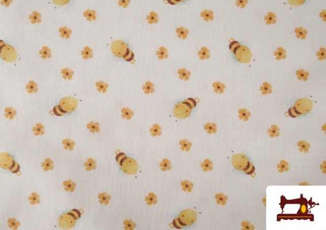 Vente de Tissu en Coton Dessins Enfantins Motif Abeilles et Fleurs