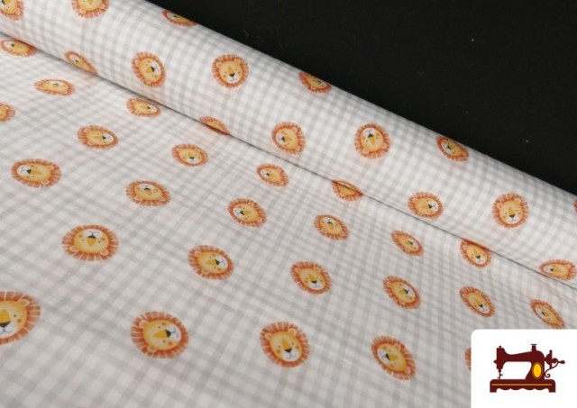 Tissu en Coton Vichy Gris Avec Dessins de Lions Enfant