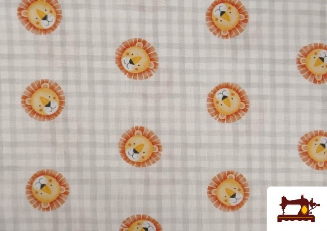 Vente de Tissu en Coton Vichy Gris Avec Dessins de Lions Enfant