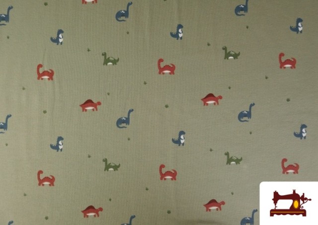 Acheter Tissu Maille T-Shirt Dinosaures Kaki