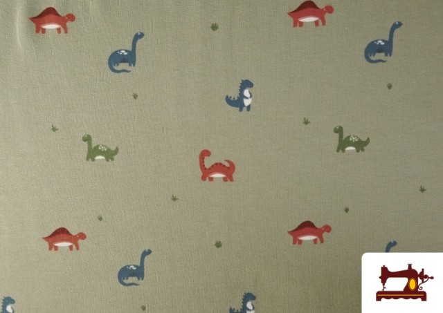 Vente de Tissu Maille T-Shirt Dinosaures Kaki
