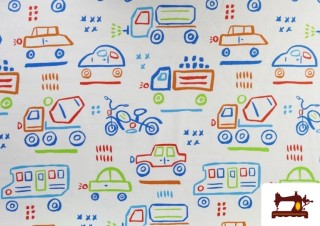 Vente de Tissu Maille T-Shirt Imprimé Véhicules Colorés