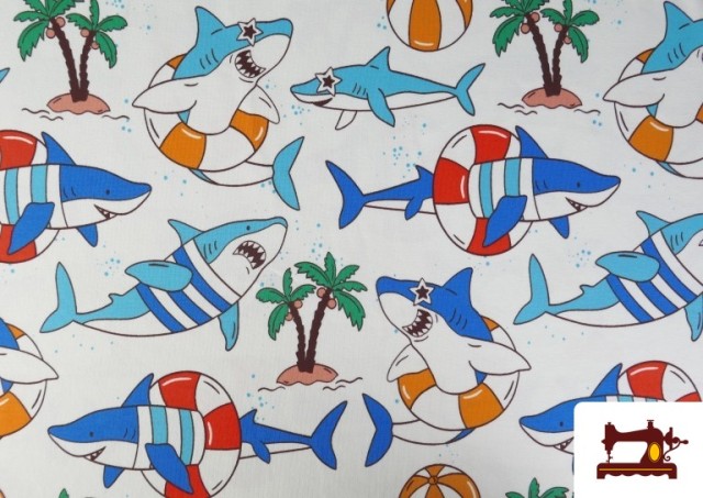 Acheter Tissu Maille T-Shirt Requins Amusants Plage