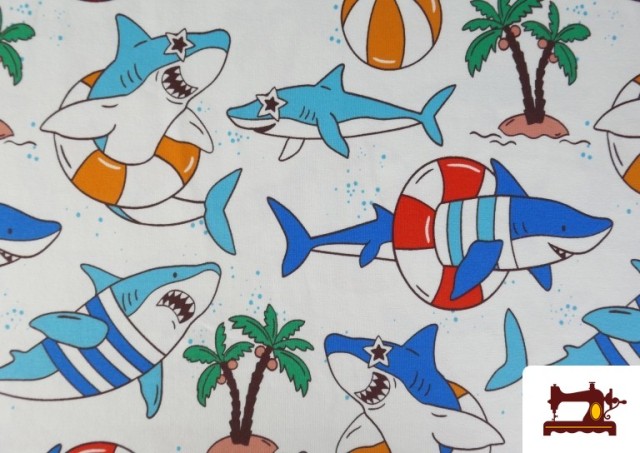 Vente de Tissu Maille T-Shirt Requins Amusants Plage