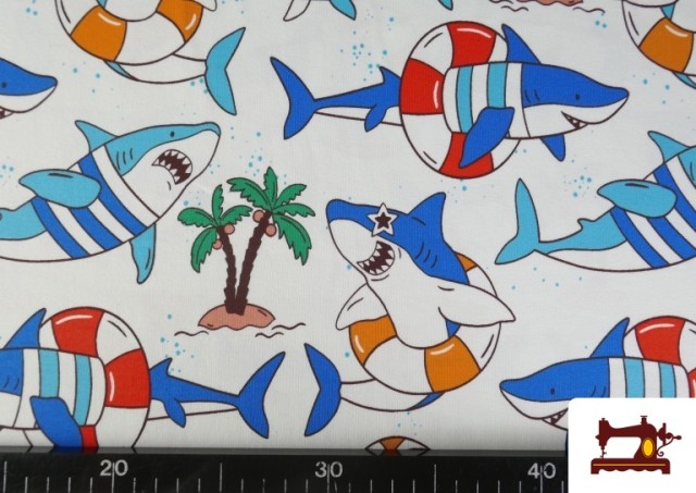 Acheter en ligne Tissu Maille T-Shirt Requins Amusants Plage