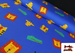 Tissu Maille T-Shirt Bleu Électrique avec Animaux Colorés