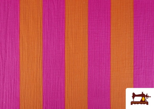 Vente de Tissu Mousseline de Coton Rayures Fuchsia et Orange