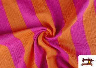 Vente en ligne de Tissu Mousseline de Coton Rayures Fuchsia et Orange
