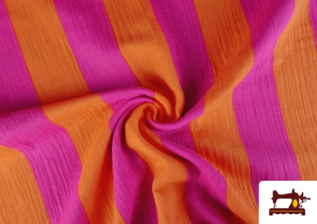 Vente en ligne de Tissu Mousseline de Coton Rayures Fuchsia et Orange