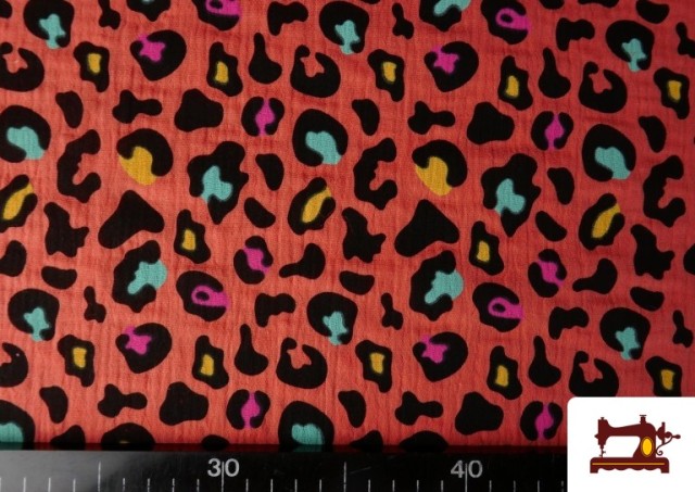 Vente de Tissu Mousseline De Coton Léopard Turquoise Et Orange couleur Orange