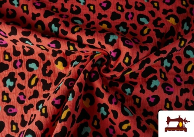 Acheter en ligne Tissu Mousseline De Coton Léopard Turquoise Et Orange couleur Orange