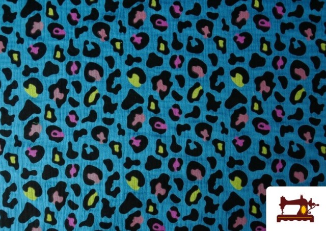 Tissu Mousseline De Coton Léopard Turquoise Et Orange couleur Bleu