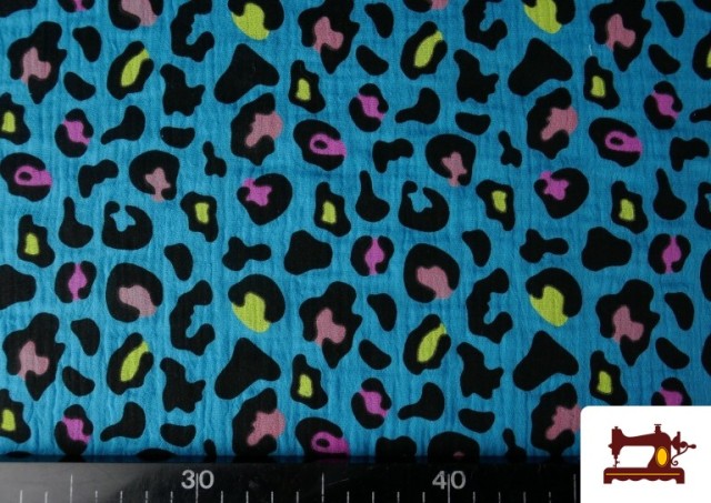 Tissu Mousseline De Coton Léopard Turquoise Et Orange couleur Bleu