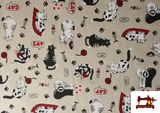 Vente de Tissu Half Panama Imprimé Chats