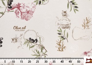 Tissu Imprimé avec Motifs d'Oliviers et Huile Tissu Imprimé avec Motifs d'Oliviers et Huile